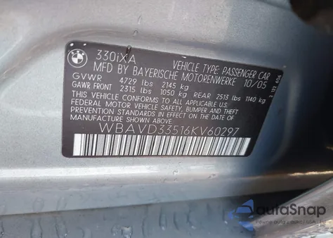 2006 BMW 330Xi z USA, uszkodzony, nr VIN WBAVD33516KV60297